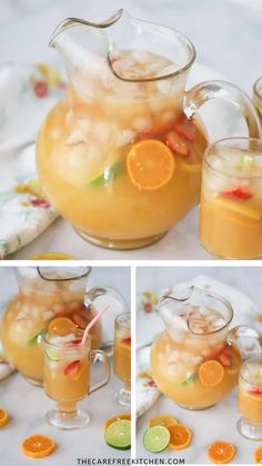 the pitcher is filled with liquid and garnished with orange slices