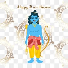 the avatar of lord rama in blue and yellow colors, with an inscription that says happy rama