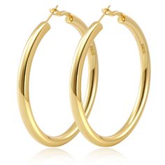 PRICES MAY VARY. 【Chunky Gold Hoop Earrings】Thick gold hoops with hollow tube design is sleek and modern yet classic and elegant style can add more charm to you.and these gold large hoop earrings are very lightweight, will not weigh your ears down! And comfortable to wear.These large hoop earrings are the perfect pair with any outfit whether at work or leisure,they are the ""must-have"" addition to every women's fashion jewelry collection. 【Hypoallergenic Sterling Silver Hoops】5mm thick gold hoo Big Gold Hoop Earrings, Silver Earrings Hoops, Thick Gold Hoop Earrings, Thick Gold Hoops, Large Silver Hoop Earrings, Chunky Gold Hoop Earrings, Earrings Hypoallergenic, Earrings Hoops, Big Hoop Earrings