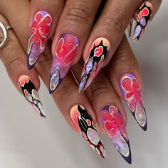 Stand out with this vibrant and artistic Abstract Floral Press-On Nail Set! Combining bold colors, 3D floral effects, and mesmerizing lava-inspired patterns, this set is designed for those who love unique, high-fashion nail art. Perfect for making a statement at any event or simply adding a pop of color to your everyday look!  🎨 Bold Abstract Floral Design Each nail features hand-painted floral patterns in striking shades of red, purple, and black, outlined in contrasting colors for a dramatic effect. These abstract flowers create a captivating look that's both edgy and sophisticated, perfect for those who love artistic designs. 🔥 Lava-Inspired Patterns The nails incorporate unique lava-inspired details with flowing colors and shapes, adding an intense, fiery touch to the design. This bo Purple Abstract Nails, Outfits Uni, Fashion Nail Art, Nail Store, Mens Nails, Gothic Nails, Daily Nail, Floral Nail Art