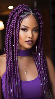 Braided Hair With Color, Dark Purple Box Braids, Purple Braids For Black Women, Purple Hair Braids, Box Hairstyles, Purple Braiding Hair, Purple Box Braids, Color Braids, Box Braids Pictures