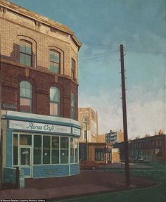 a painting of an empty street in front of a brick building with windows and a sign on the corner