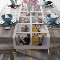 This personalized table runner is great for wedding events or family reunions. Customize with the family name and a year. Comes in 2 material choices and 2 sizes to complement your decor. 📜🖌HOW TO ORDER 🖌📜 ------------------------------------- - Choose the material and size of the table runner - Send your pictures through Etsy Message. - I will work on it and send you proof in 1-2 business days - After your approval, it will be sent for production which can vary from 3-6 days depending on th Collage Table, Personalized Table Runner, Picture Table, Photo Table, Memory Table, Photo Memories, Linen Table Runner, Picture Display, Family Reunion