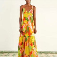 Brand New Without Tag Farm Rio Floral Maxi Dress Size- Xlarge Color- Red/Green/Yellow Retail-$275 Sold Out Online! Fitted At Bust And Waist, Relaxed At The Hips Designed For A Floor-Length Look Approx. 50" From High Point Shoulder To Hem Tag Crossed Out To Prevent In Store Returns Cottage Core Whimsical Boho Bohemian Feminine Romantic Whimsy Whimsical Cruise Beachy Beach Bright Hawaiian Islandwear Floral Flower Resort Sightseeing Casual Chic Vacation Vibrant Orange Floral Print Maxi Dress, Vibrant Green Tropical Print Maxi Dress, Orange Tropical Print Maxi Dress For Spring, Spring Orange Maxi Dress With Tropical Print, Orange Tropical Maxi Dress For Spring, Tropical Orange Floral Print Maxi Dress, Spring Tropical Orange Maxi Dress, Vibrant Orange Midi Dress For Vacation, Yellow Tropical Sundress For Vacation