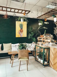 a room filled with lots of furniture and plants on top of it's walls