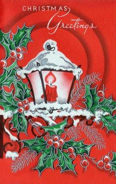 a red christmas card with holly and a lit candle