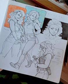 an open book with drawings of two women in different outfits and one is holding a cell phone