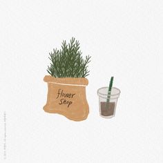 a plant in a pot next to a flower shop sign and a cup with a straw