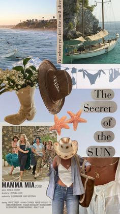 a collage of photos with people and boats in the water, including a woman wearing a cowboy hat