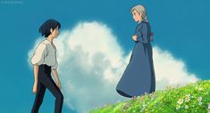 an anime scene with two people standing on a hill looking at the sky and clouds