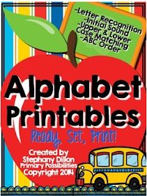 an apple with the words alphabet printables on it and a school bus in the background