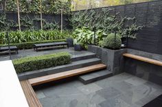 an outdoor garden with benches and plants on the wall, in front of a black fence