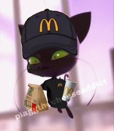 a black cat wearing a mcdonald's hat and holding a drink