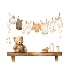 a brown teddy bear sitting on top of a wooden bench next to clothes and bottles