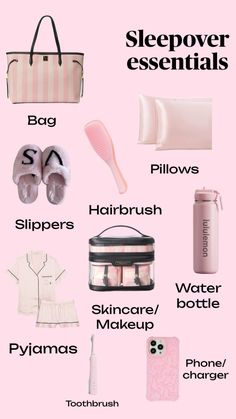 a pink poster with the words sleepover essentials and other things to pack in it