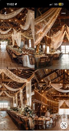 two pictures of the inside of a barn with tables and chairs covered in white draping