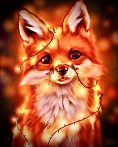 a painting of a fox with christmas lights around its neck