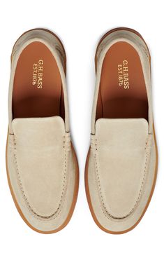 Perfect for everyday wear, this suede loafer is made with a gum latex sole that keeps every step comfortable and supported. Contains natural rubber latex Leather upper and lining/synthetic sole Made in Portugal Beige Moc Toe Loafers With Rubber Sole, Classic Low-top Moccasins With Suede Lining, Classic Suede Moccasins With Contrast Sole, Slip-on Suede Loafers With Vibram Sole, Suede Slip-on Loafers With Vibram Sole, Casual Slip-on Boat Shoes With Vibram Sole, Beige Suede Loafers With Rubber Sole, Beige Moccasins With Rubber Sole And Moc Toe, Suede Boat Shoes With Rubber Sole And Moc Toe