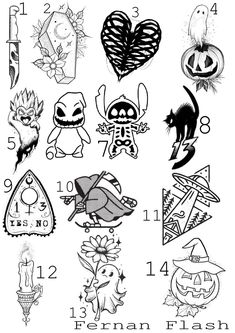 an image of halloween themed tattoos on a white background with the numbers 1 - 10