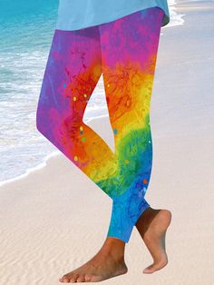 Fitted Multicolor Beach Pants, Fitted Multicolor Pants For Beach, Fitted Multicolor Pants For The Beach, Multicolor Stretch Pants For Vacation, Stretch Multicolor Pants For Vacation, Fitted Multicolor Yoga Pants For Summer, Stretch Leggings For Beach In Summer, Casual Stretch Leggings For Beach, Summer Rainbow Stretch Bottoms