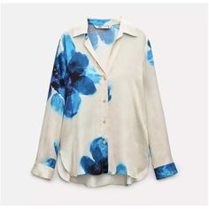 Zara Woman Zw Collection Floral Flowy Printed Shirt Blue Nwt 2183/040 Xl Elegant V-neck Shirt With Floral Print, Printed Blue Tops, Printed Blue Tops For Workwear, Printed Blue Tops For Daywear, Printed Blue Shirt For Work, Blue Printed Tops For Work, Blue Printed Shirt For Work, Blue Printed Tops For Daywear, Spring Blue Floral Print Shirt