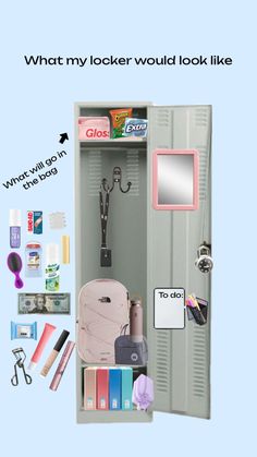 an open locker with various items in it and the words what my locker would look like