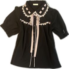 Cute Party Tops With Lace Trim, Cute Short Sleeve Blouse For Party, Cute Blouse With Lace Doll Collar, Cute Short Sleeve Party Blouse, Cute Black Short Sleeve Blouse, Cute Black Party Tops, Cute Black Blouse With Ruffles, Casual Black Blouse With Doll Collar, Elegant Black Top With Doll Collar