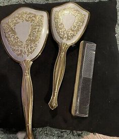 ‘60s Vintage Gold-toned Handheld Mirror, Brush,  and Comb  | eBay Vintage Makeup Brushes, Vintage Makeup Products, Antique Vanity Set, Post Prom, Compact Mirror Vintage, Hand Mirrors, Vintage Groom, Brush And Comb, Antique Vanity