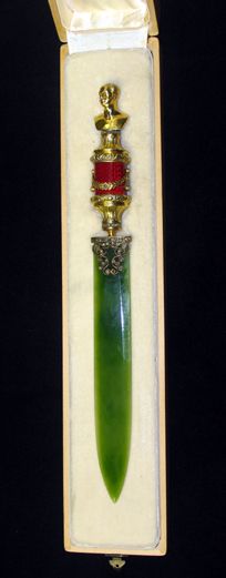 Faberge Jade, Enamel, Diamond, Silver/Gold Letter Opener Jewerly Ring, Letter Openers, Gemstone Carving, Just Ink, Faberge Eggs, Letter Opener, Gold Letter, Russian Art, Diamond Gold