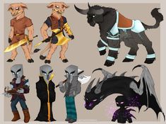 an image of some cartoon characters with different outfits and animals on their backs, all holding swords