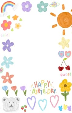 a birthday card with flowers, hearts and bears in the center is an empty space for text