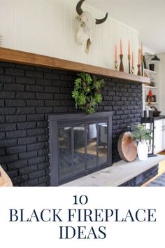 a living room with a black brick fireplace and shelves on the wall, decorated with deer heads