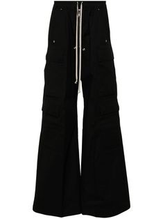 black cotton blend zip fly fastening elasticated drawstring waistband wide leg two side slit pockets multiple cargo pockets two rear welt pockets straight hem long length Rick Owens Cargo Pants, Long Cargo Pants, Clothing Mockup, Fashion Board, Urban Chic, Cargo Trousers, New Wardrobe, Denim Pant, Drawstring Waistband