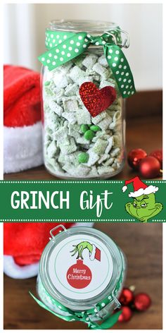 the grinch gift is in a glass jar