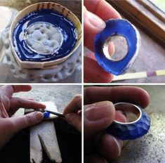 four pictures showing how to make an ornament out of clay and paper machs