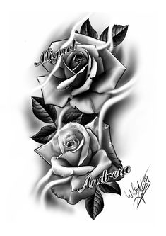 a black and white rose tattoo design with the words meral and roses on it