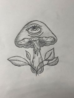 a pencil drawing of a mushroom with an eye on it's head and leaves in the foreground