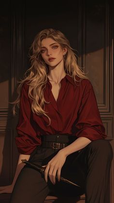 a painting of a woman with long blonde hair wearing a red shirt and black pants