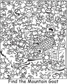 a coloring page for kids with the words find the mountain goat and other cartoon characters