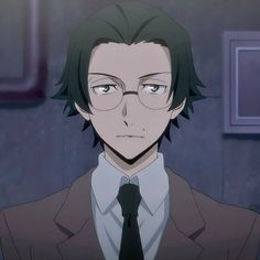 an anime character wearing glasses and a suit with a tie on his neck looking at the camera