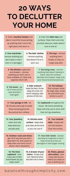 the 20 ways to declutter your home info sheet is shown in pink, green and