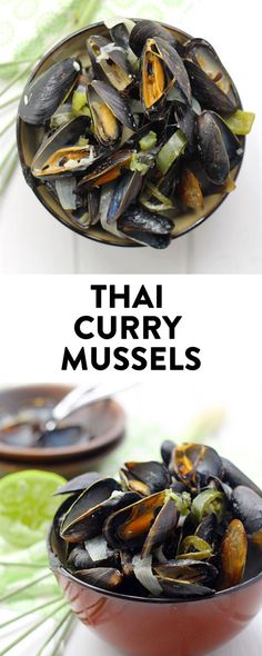 two bowls filled with mussels on top of a table