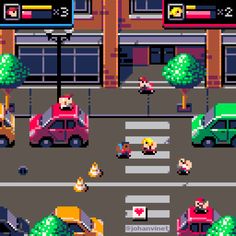 an old school video game with cars and people on the street