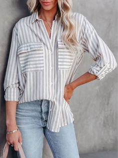 Women's Striped Single Breasted Long Sleeve Casual Loose Shirt Top Outwear Striped Long Sleeve Blouse With Pockets, Striped Tops With Pockets For Daywear, Gray Shirt Outfit, Card Necklace, Simple Bangle, Mini Necklace, Necklace Initial, Loose Shirt, Necklace Simple