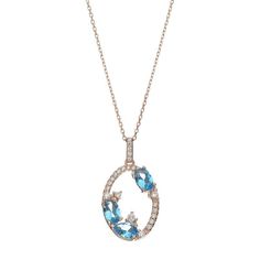 "Accentuated with blue and white cubic zirconia stones, this oval necklace makes an exquisite accessory.PENDANT DETAILS Pendant length: 1 in. Chain length: 18 in. Chain type: rolo Clasp: spring-ring Metal: sterling silver Plating: 14k rose gold Finish: polished Packaging: boxed CUBIC ZIRCONIA DETAILS Total weight: 3/8 ct. Shape: oval, pear, round brilliant cut Color: blue, white Setting: prong Gemstones may have been treated to enhance their appearance. Special care may be required.  Size: 18"". Oval Blue Cubic Zirconia Necklaces, Oval Blue Cubic Zirconia Necklace, Blue Oval Pendant Necklace With Diamond Accents, Oval Necklace With Sparkling Stones For Gift, Blue Marquise Necklace For A Gift, Blue Marquise Necklace For Gift, Nana Necklace, Oval Pendant Necklace, Oval Necklace