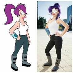 a woman with purple hair and black pants standing next to a cartoon character