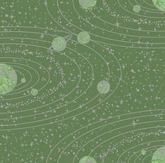 an image of green space with stars and planets in the sky, as well as circles