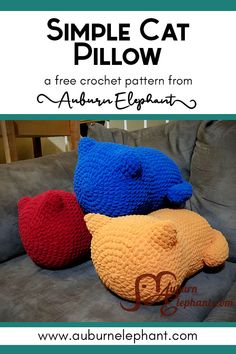 three crochet pillows sitting on top of a couch with the text, simple cat pillow