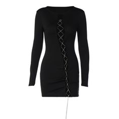 Turn heads in this daring black bodycon dress with a gorgeous lace-up front. Its slim silhouette and long sleeves create a luxurious look that will make you feel glamorous and confident. Perfect for any formal or evening occasion, this dress is the ultimate wardrobe must-have. Fit Type: Slim Fit Fabric: High Stretch Material: Polyester, Spandex Gothic Long Sleeve Mini Dress For Evening, Elegant Black Long Sleeve Corset Dress, Gothic Long Sleeve Dress For Night Out, Long Sleeve Corset Dress For Night Out, Elegant Long Sleeve Corset Dress For Fall, Chic Long Sleeve Corset Dress For Formal Occasions, Long Sleeve Corset Dress For Winter Party, Spring Long Sleeve Corset Dress For Night Out, Long Sleeve Winter Corset Party Dress