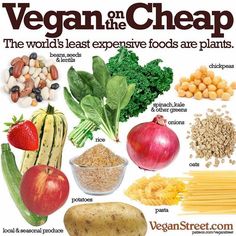 an image of vegan on the cheap poster with vegetables and foods to eat in it